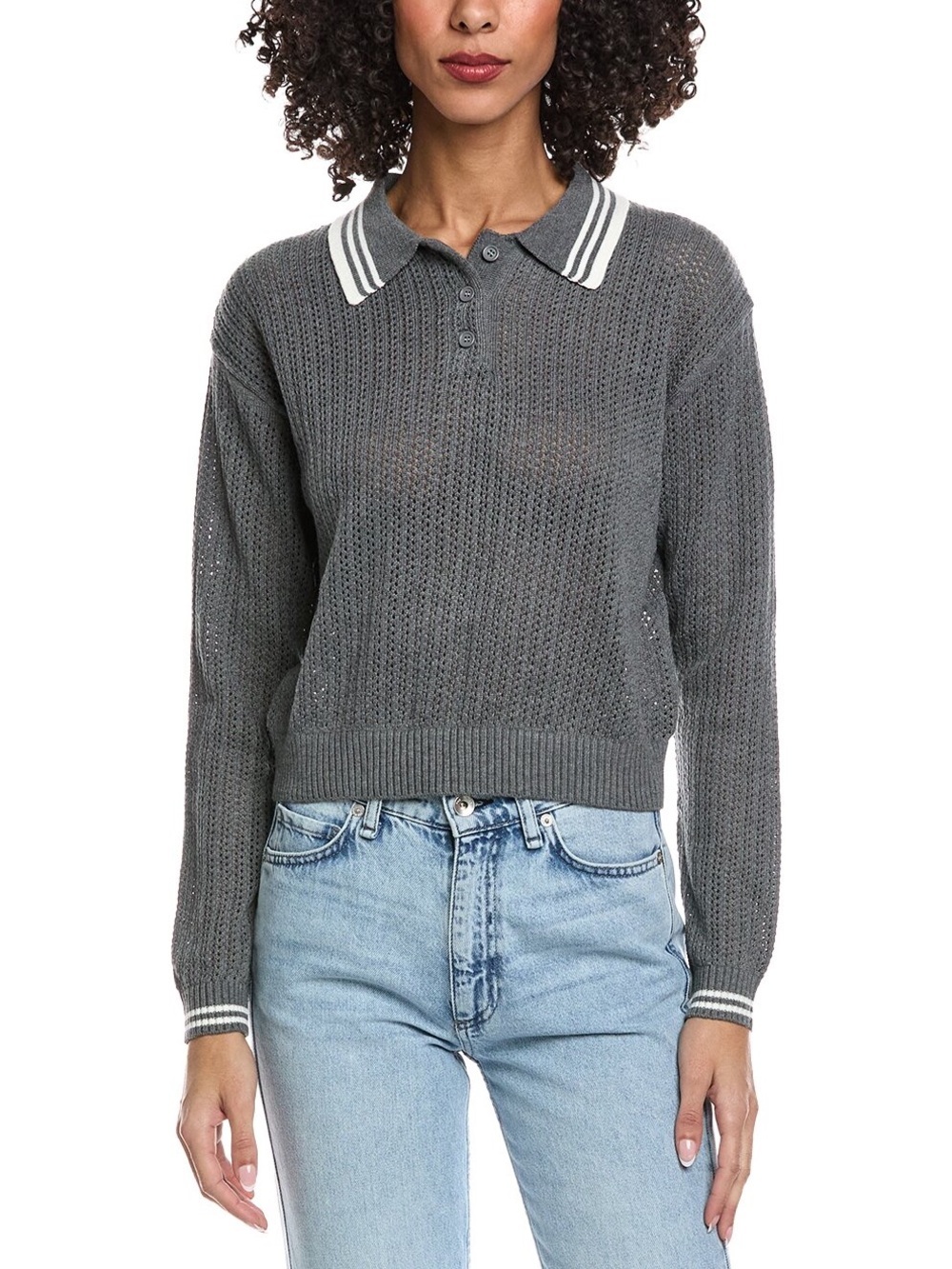 Reveriee Gray Alba Sweater Women's Pointelle Wool-Blend Polo Sweater Size M